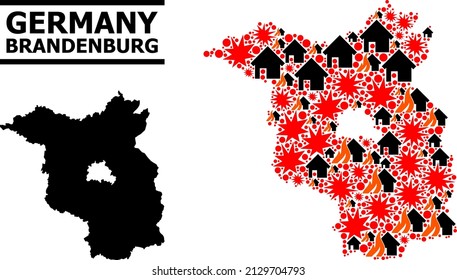 War mosaic vector map of Brandenburg State. Geographic mosaic map of Brandenburg State is created with random fire, destruction, bangs, burn houses, strikes. Vector flat illustration for war posters.