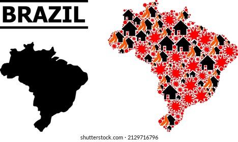 War mosaic vector map of Brazil. Geographic mosaic map of Brazil is combined with random fire, destruction, bangs, burn homes, strikes. Vector flat illustration for war propaganda.