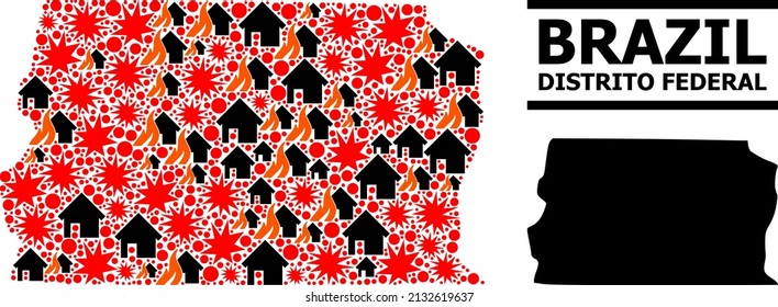 War mosaic vector map of Brazil - Distrito Federal. Geographic concept map of Brazil - Distrito Federal is designed from random fire, destruction, bangs, burn homes, strikes.