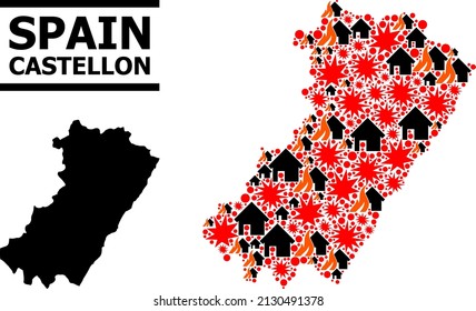 War mosaic vector map of Castellon Province. Geographic mosaic map of Castellon Province is created from scattered fire, destruction, bangs, burn homes, strikes.