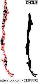 War mosaic vector map of Chile. Geographic composition map of Chile is constructed with randomized fire, destruction, bangs, burn houses, strikes. Vector flat illustration for war propaganda.