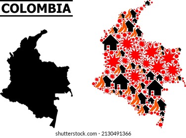 War mosaic vector map of Colombia. Geographic concept map of Colombia is done with randomized fire, destruction, bangs, burn houses, strikes. Vector flat illustration for war applications.