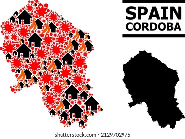 War mosaic vector map of Cordoba Spanish Province. Geographic mosaic map of Cordoba Spanish Province is combined with scattered fire, destruction, bangs, burn homes, strikes.