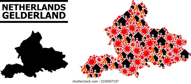 War mosaic vector map of Gelderland Province. Geographic mosaic map of Gelderland Province is organized from random fire, destruction, bangs, burn homes, strikes.