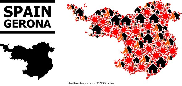War mosaic vector map of Gerona Province. Geographic concept map of Gerona Province is done with random fire, destruction, bangs, burn realty, strikes. Vector flat illustration for war doctrines.