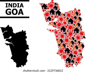 War mosaic vector map of Goa State. Geographic concept map of Goa State is constructed from scattered fire, destruction, bangs, burn realty, strikes. Vector flat illustration for war agitation.