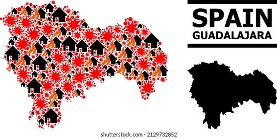 War mosaic vector map of Guadalajara Province. Geographic mosaic map of Guadalajara Province is designed with randomized fire, destruction, bangs, burn homes, strikes.