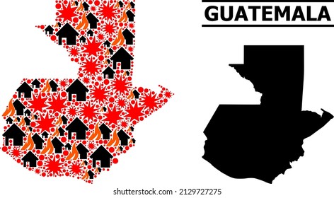 Mapa vectorial de mosaico de guerra de Guatemala. El mapa de mosaicos geográficos de Guatemala se crea con fuego al azar, destrucción, explosiones, quemaduras en casas, ataques. Ilustración plana vectorial con fines militares.