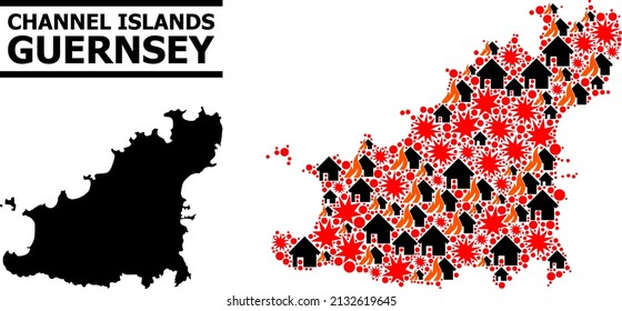 War mosaic vector map of Guernsey Island. Geographic mosaic map of Guernsey Island is constructed with randomized fire, destruction, bangs, burn houses, strikes.