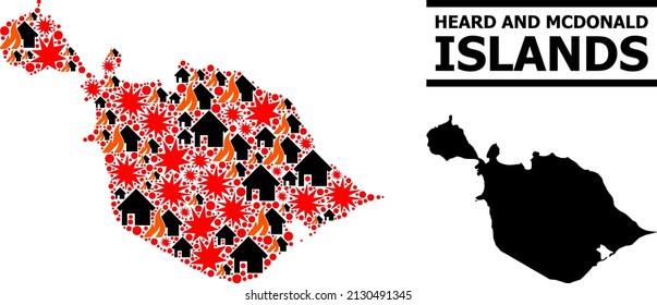 War mosaic vector map of Heard and McDonald Islands. Geographic mosaic map of Heard and McDonald Islands is created with scattered fire, destruction, bangs, burn houses, strikes.