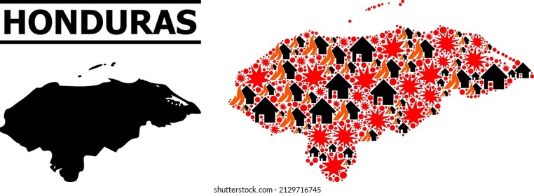 War mosaic vector map of Honduras. Geographic mosaic map of Honduras is designed from randomized fire, destruction, bangs, burn homes, strikes. Vector flat illustration for war agitprop.