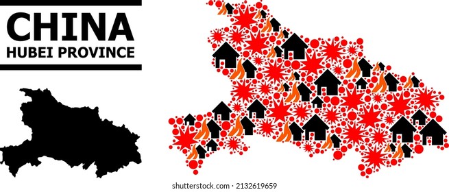 War mosaic vector map of Hubei Province. Geographic mosaic map of Hubei Province is combined from randomized fire, destruction, bangs, burn homes, strikes. Vector flat illustration for war agitprop.
