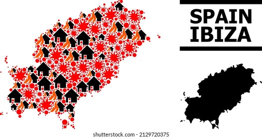 War mosaic vector map of Ibiza Island. Geographic mosaic map of Ibiza Island is composed from random fire, destruction, bangs, burn homes, strikes.