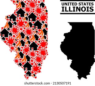 War mosaic vector map of Illinois State. Geographic mosaic map of Illinois State is combined with random fire, destruction, bangs, burn houses, strikes. Vector flat illustration for war agitprop.