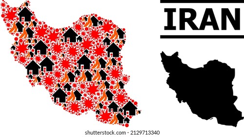 War mosaic vector map of Iran. Geographic mosaic map of Iran is created with random fire, destruction, bangs, burn realty, strikes. Vector flat illustration for war proclamations.