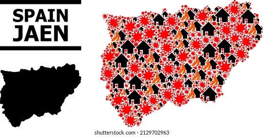 War mosaic vector map of Jaen Spanish Province. Geographic collage map of Jaen Spanish Province is organized from random fire, destruction, bangs, burn realty, strikes.