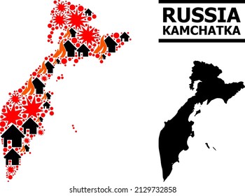 War mosaic vector map of Kamchatka Peninsula. Geographic mosaic map of Kamchatka Peninsula is designed with random fire, destruction, bangs, burn realty, strikes.