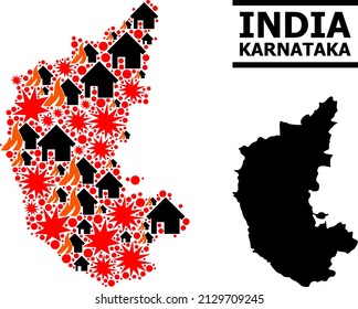War mosaic vector map of Karnataka State. Geographic mosaic map of Karnataka State is organized from scattered fire, destruction, bangs, burn homes, strikes. Vector flat illustration for war agitprop.