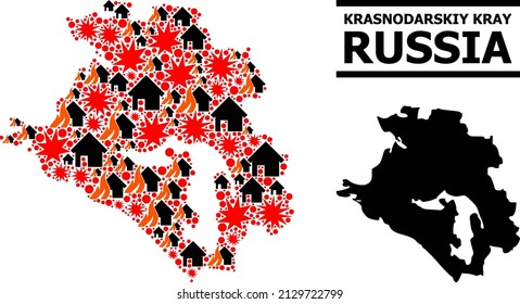 War mosaic vector map of Krasnodarskiy Kray. Geographic mosaic map of Krasnodarskiy Kray is designed from scattered fire, destruction, bangs, burn houses, strikes.