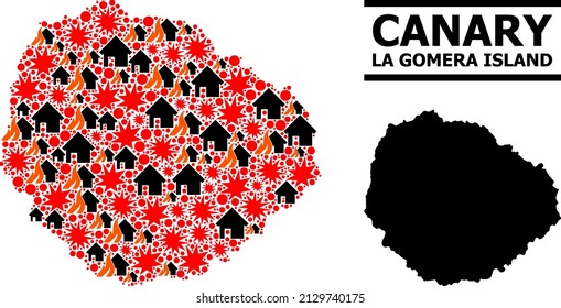 War mosaic vector map of La Gomera Island. Geographic mosaic map of La Gomera Island is combined from randomized fire, destruction, bangs, burn houses, strikes.