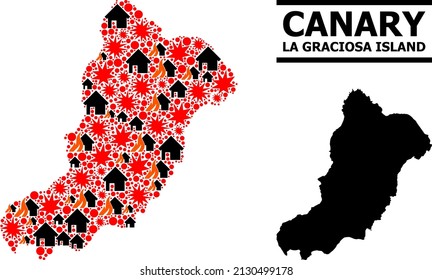 War mosaic vector map of La Graciosa Island. Geographic mosaic map of La Graciosa Island is organized with randomized fire, destruction, bangs, burn houses, strikes.
