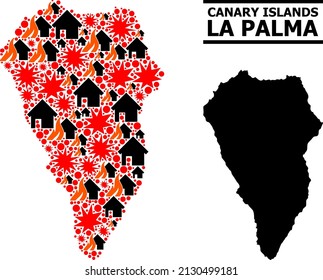 War mosaic vector map of La Palma Island. Geographic mosaic map of La Palma Island is done from randomized fire, destruction, bangs, burn houses, strikes. Vector flat illustration for war purposes.