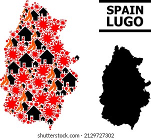 War mosaic vector map of Lugo Province. Geographic mosaic map of Lugo Province is done with random fire, destruction, bangs, burn homes, strikes. Vector flat illustration for war propaganda.