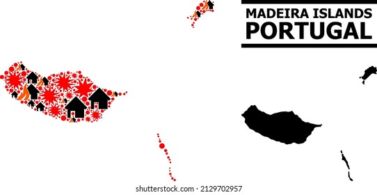 War mosaic vector map of Madeira Islands. Geographic mosaic map of Madeira Islands is designed from scattered fire, destruction, bangs, burn realty, strikes. Vector flat illustration for war agitprop.