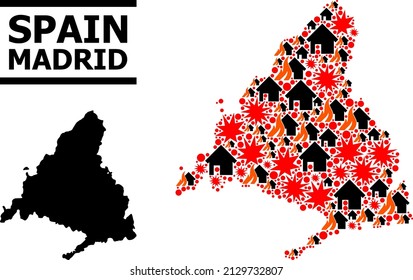 War mosaic vector map of Madrid Province. Geographic mosaic map of Madrid Province is done from random fire, destruction, bangs, burn homes, strikes.