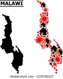 War mosaic vector map of Malawi. Geographic concept map of Malawi is constructed from scattered fire, destruction, bangs, burn houses, strikes. Vector flat illustration for war proclamations.