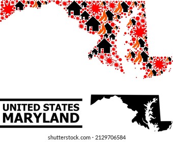 Kriegsmosaikkarte des Maryland-Staates. Geographische Mosaikkarte des Maryland State ist mit randomisiertem Feuer, Zerstörung, Bangs, Brandhäuser, Streiks organisiert. Vektorflache Illustration für Kriegskollagen.