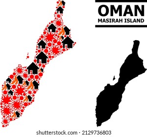 War mosaic vector map of Masirah Island. Geographic mosaic map of Masirah Island is combined from random fire, destruction, bangs, burn houses, strikes. Vector flat illustration for war doctrines.