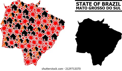 Mapa vectorial de mosaico de guerra del estado de Mato Grosso do Sul. El mapa de composición geográfica del estado de Mato Grosso do Sul está diseñado a partir de incendios al azar, destrucción, golpes, casas quemadas, ataques.