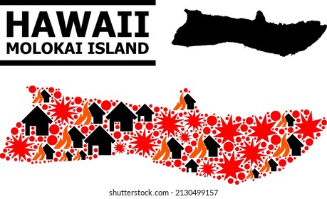War mosaic vector map of Molokai Island. Geographic mosaic map of Molokai Island is constructed with scattered fire, destruction, bangs, burn houses, strikes.