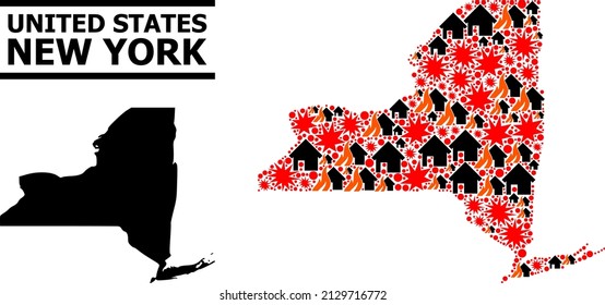 War mosaic vector map of New York State. Geographic mosaic map of New York State is constructed from randomized fire, destruction, bangs, burn houses, strikes.