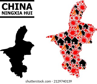 War mosaic vector map of Ningxia Hui Region. Geographic mosaic map of Ningxia Hui Region is created from scattered fire, destruction, bangs, burn homes, strikes.