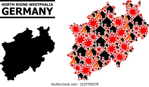 War mosaic vector map of North Rhine-Westphalia State. Geographic mosaic map of North Rhine-Westphalia State is done with randomized fire, destruction, bangs, burn homes, strikes.