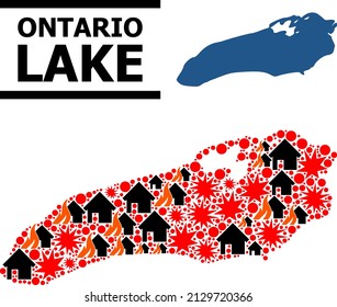 War mosaic vector map of Ontario Lake. Geographic collage map of Ontario Lake is designed from randomized fire, destruction, bangs, burn houses, strikes.