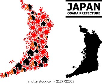 War mosaic vector map of Osaka Prefecture. Geographic mosaic map of Osaka Prefecture is organized with scattered fire, destruction, bangs, burn homes, strikes.