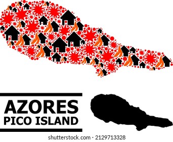 War mosaic vector map of Pico Island. Geographic mosaic map of Pico Island is composed from scattered fire, destruction, bangs, burn realty, strikes. Vector flat illustration for war applications.