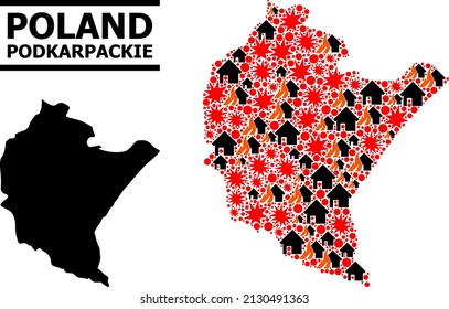 War mosaic vector map of Podkarpackie Province. Geographic mosaic map of Podkarpackie Province is designed from random fire, destruction, bangs, burn houses, strikes.