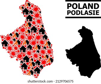 War mosaic vector map of Podlasie Province. Geographic mosaic map of Podlasie Province is organized from scattered fire, destruction, bangs, burn homes, strikes.