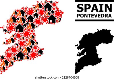 War mosaic vector map of Pontevedra Province. Geographic mosaic map of Pontevedra Province is created with scattered fire, destruction, bangs, burn realty, strikes.
