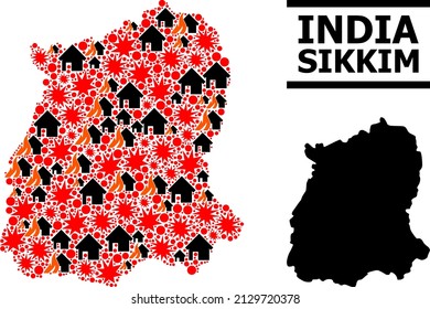 War mosaic vector map of Sikkim State. Geographic mosaic map of Sikkim State is organized with randomized fire, destruction, bangs, burn realty, strikes.