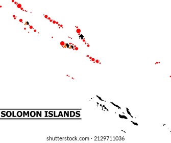 War mosaic vector map of Solomon Islands. Geographic mosaic map of Solomon Islands is organized with randomized fire, destruction, bangs, burn homes, strikes.