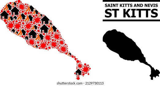 War mosaic vector map of St Kitts Island. Geographic mosaic map of St Kitts Island is composed from random fire, destruction, bangs, burn realty, strikes. Vector flat illustration for war doctrines.