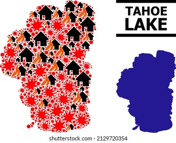 War Mosaic Vector Map Of Tahoe Lake. Geographic Mosaic Map Of Tahoe Lake Is Done With Random Fire, Destruction, Bangs, Burn Homes, Strikes. Vector Flat Illustration For Peace Doctrines.