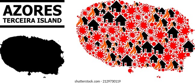 War mosaic vector map of Terceira Island. Geographic mosaic map of Terceira Island is organized with scattered fire, destruction, bangs, burn homes, strikes. Vector flat illustration for war agitprop.