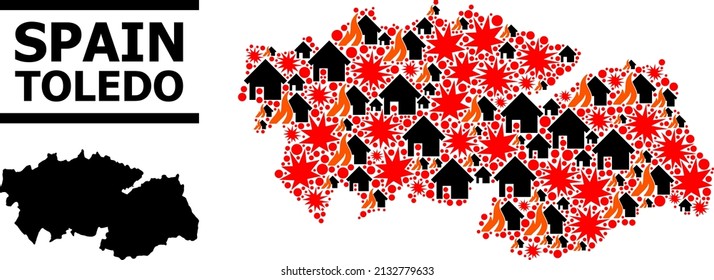 War mosaic vector map of Toledo Province. Geographic mosaic map of Toledo Province is composed from scattered fire, destruction, bangs, burn realty, strikes.