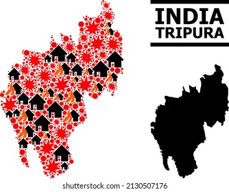 War mosaic vector map of Tripura State. Geographic mosaic map of Tripura State is composed from randomized fire, destruction, bangs, burn houses, strikes.